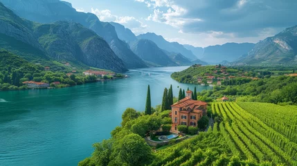 Küchenrückwand glas motiv Beautiful landscape with mountains and river in a wine region, sunshine bright summer © Nico