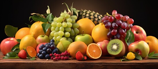 An assortment of juicy fruits including kiwi, orange, apple, grapes, and grapefruit.