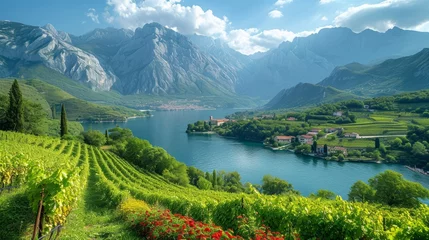 Abwaschbare Fototapete Beautiful landscape with mountains and river in a wine region, sunshine bright summer © Nico