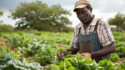 An African-American worker picks vegetables in an agricultural field