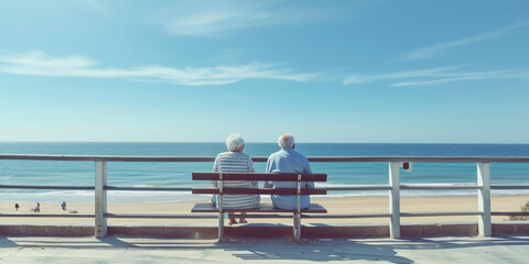 An elderly couple sits on a pedestrian bridge on the beach
