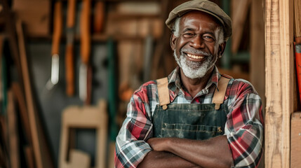 Belt portrait of an older black carpenter smiling at the camera while standing with his arms crossed in a workshop