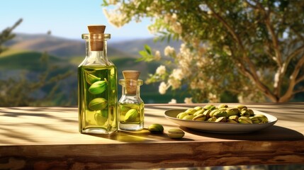 a glass bottle filled with pistachio oil, accompanied by pistachios on a wooden table, set against...