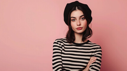 Fototapeta premium Beautiful brunette in a striped jumper and beret stands and looks at the camera, isolated on a pink background
