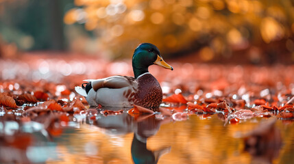 Curious duck surrounded by autumn mood