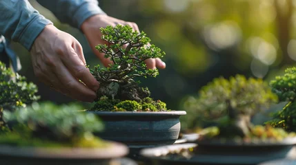 Fotobehang Cropped view of a young man picking small bonsai trees in a garden © v.senkiv