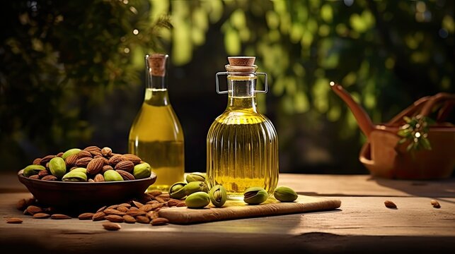 a glass bottle filled with pistachio oil, accompanied by pistachios on a wooden table, set against the natural backdrop of a pistachio garden, the essence of healthy natural foods and cooking oil.