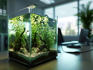 A small aquarium with plants in it, placed on a desk in a modern office.