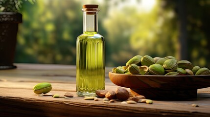 a glass bottle filled with pistachio oil, accompanied by pistachios on a wooden table, set against...