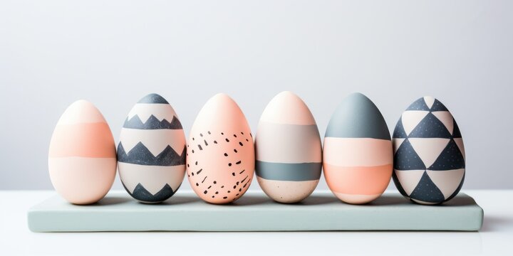 Painted Easter eggs gray,pink colored in row on white background with copy space. Natural pastel shades. Easter holiday food, minimal design aesthetic flat lay