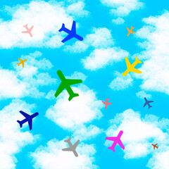 Many colorful planes in the sky. Air transport, vacation travel, airlines, airports, plane departures, plane arrivals