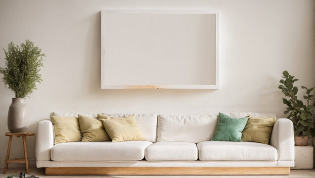 Canvas Chic: SEO-Friendly Mockup Featuring a White Frame in a Yellowish Room