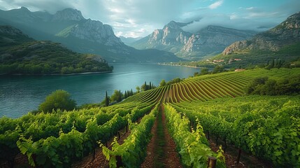 Beautiful landscape with mountains and river in a wine region, sunshine bright summer