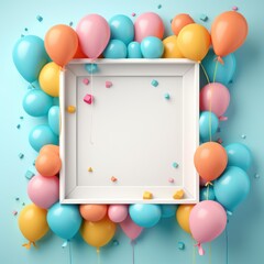 Birthday greeting template design. Happy birthday white board frame space with flying colorful balloons and confetti element for birth day celebration. Pastel soft colors. Boy or girl