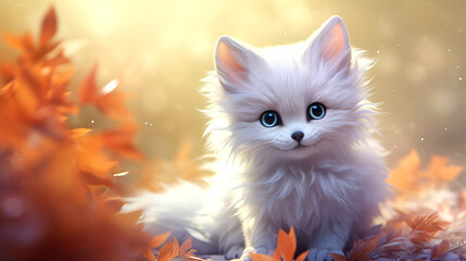Beautiful white kitten in a fairyland. Fantasy style.