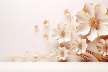 Fototapeta na wymiar Happy women's day. Mother's day. 8 march. Flowers on stem with leaves, white Blossom floral bouquet in plastic 3d realistic render or paper cut. banner