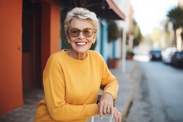 Portrait of smiling senior woman in sunglasses with suitcase standing on street