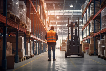 Warehouse Worker Operating Forklift Amidst Aisles with Packaged Goods