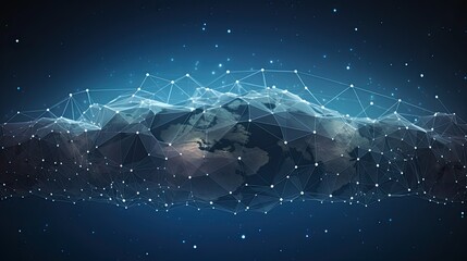 a panoramic abstract background featuring dots and triangles connecting to symbolize a global network, the concept that the world is interconnected, illustrating a digitally futuristic Earth