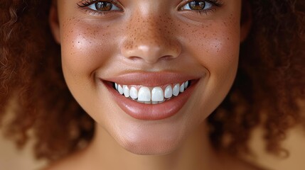 Woman smiling with bright white teeth into the camera, clean teeth dentist