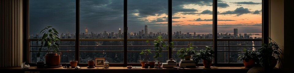 Fototapeta premium Urban Twilight: A Serene Sunset View from a City Window, Inviting Reflection and Peace, banner for blog, bookcover, tranquil view, Wall Art, backdrop