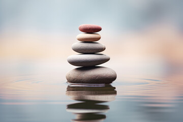 Fototapeta na wymiar Zen stone stack on water with nature background for balance and harmony