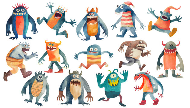 watercolor graphic resources with transparent background, cute monster set / collection