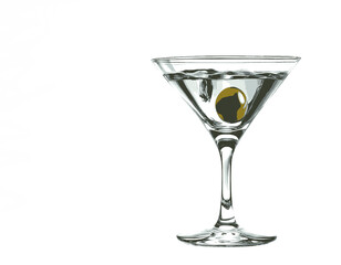 Martini glass cocktail one olive isolated on white