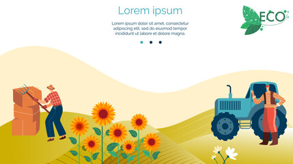 Farmer stacking hay bales, another standing by tractor. Rural farm life with sunflowers and fields. Eco-friendly farming and sustainable agriculture vector illustration.