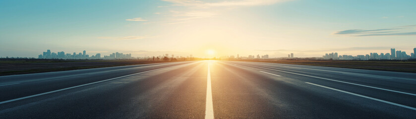 Obraz premium sunset highway. city skyline at sunset. sunrise hues. blue and soft yellow sky with a large sun setting in the centre of the extra wide panoramic landscape, city and highway. cinematic mood