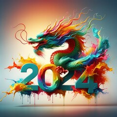 Dragon in paint splashes, soaring over 2024.
