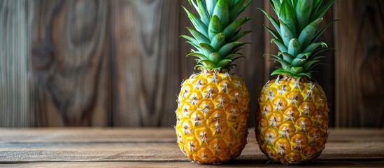 Pineapple duo on wooden table.