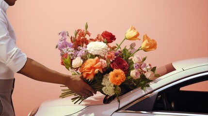 handoff, with a delivery man standing next to a car, holding a vibrant bouquet of fresh, beautiful flowers, showcasing the beauty in a composition or scene with a minimalist modern style.