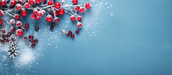 Christmas or winter themed composition with snowflakes, red berries, and blue background. Represents the holiday season. Overhead view with empty space.