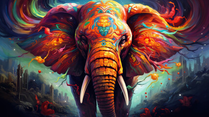 Colorful painting of a elephant with creative abstract elements as background	
