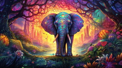 Colorful painting of a elephant with creative abstract elements as background	
