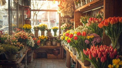 Cozy flower shop interior with tulips on display, inviting for Valentine's Day bouquet selections...