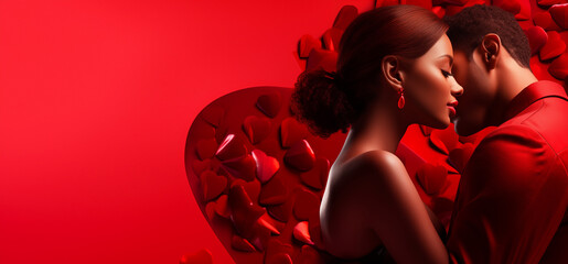 Saint-Valentin, un jeune couple amoureux sur fond rouge, image avec espace pour texte - obrazy, fototapety, plakaty