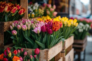 Vibrant tulips in wooden crates, perfect for Valentine's Day floral gift advertisements and...