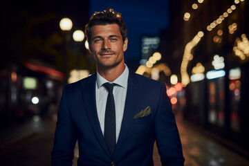 A confident man in a royal blue double-breasted velvet blazer, standing tall under the soft glow of city lights, with a mysterious smile playing on his lips, a glass of champagne in hand