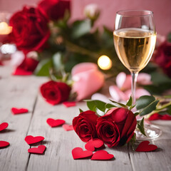 Celebrate love in style with our captivating images � red roses and gleaming wine glasses create a perfect visual harmony.