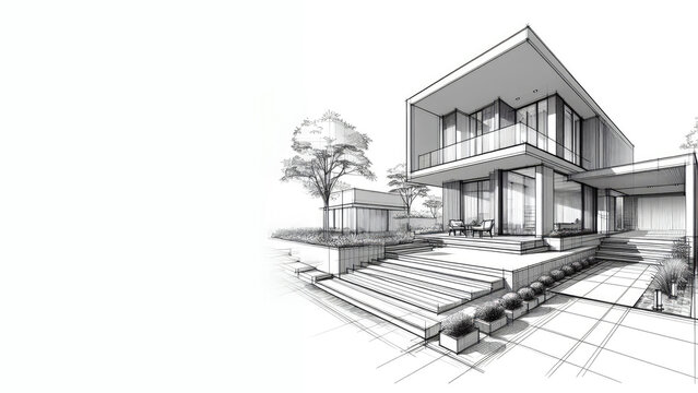 Sketch with thin black pencil lines depicts the exterior of an ultra-modern villa on a white background. The perspective is emphasized by two vanishing points.