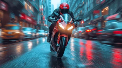 Fototapeten motor bike is racing on a normal street with blurred motion © Nico