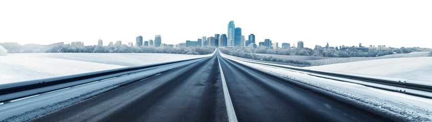 empty winter snowy highway perspective leading to a large city skyline with tall buildings and skyscrapers. Daytime winter highway and dystopian cutout background.  - obrazy, fototapety, plakaty