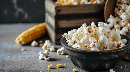 Close-up of a corn cob in a box and a dish of popcorn on a gray table. - obrazy, fototapety, plakaty