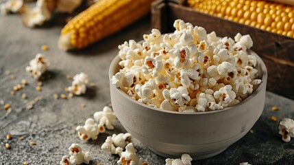 Close-up of a corn cob in a box and a dish of popcorn on a gray table.