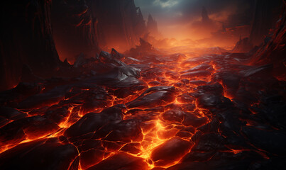 Fiery lava flow. 3D illustration. Fantasy magic landscape.