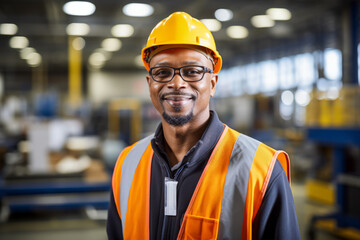 Fototapeta premium A seasoned Production Supervisor, with a hard hat and safety glasses, standing confidently in the bustling factory floor, overseeing the smooth operation of machinery and workforce