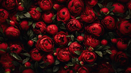 A charming backdrop of red peonies or peony roses, perfect for use as background or texture when viewed from above.