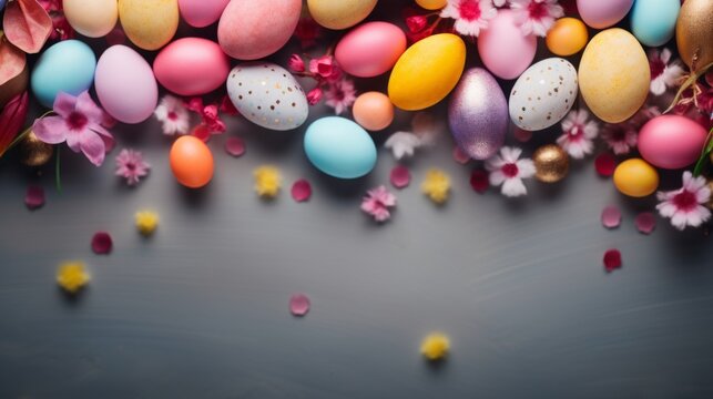 Easter background with Easter painted eggs and spring flowers on plain background. Top view with copy space.